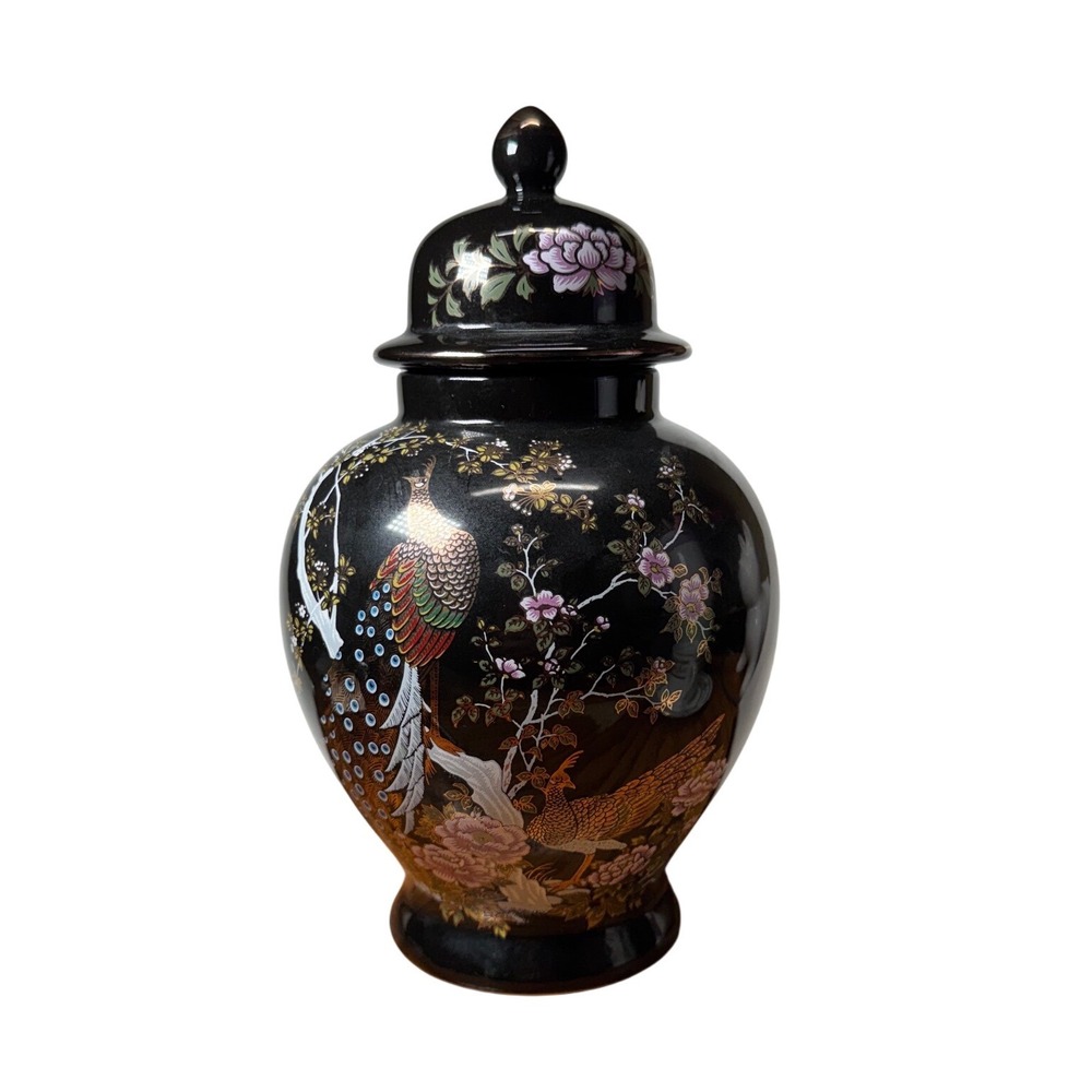 Vintage Japanese Black Porcelain Peacock Vase Ginger Jar Tea Cup Set 7pc Japan - Picture 2 of 15